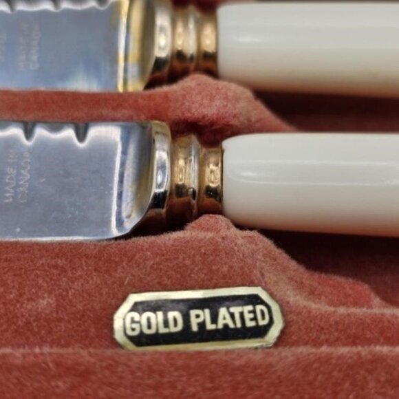 GOLD Plate Antique KNIFE SET by GLO HILL Co. 6pc STEAK KNIVES Vintage Knife Set - Picture 4 of 6